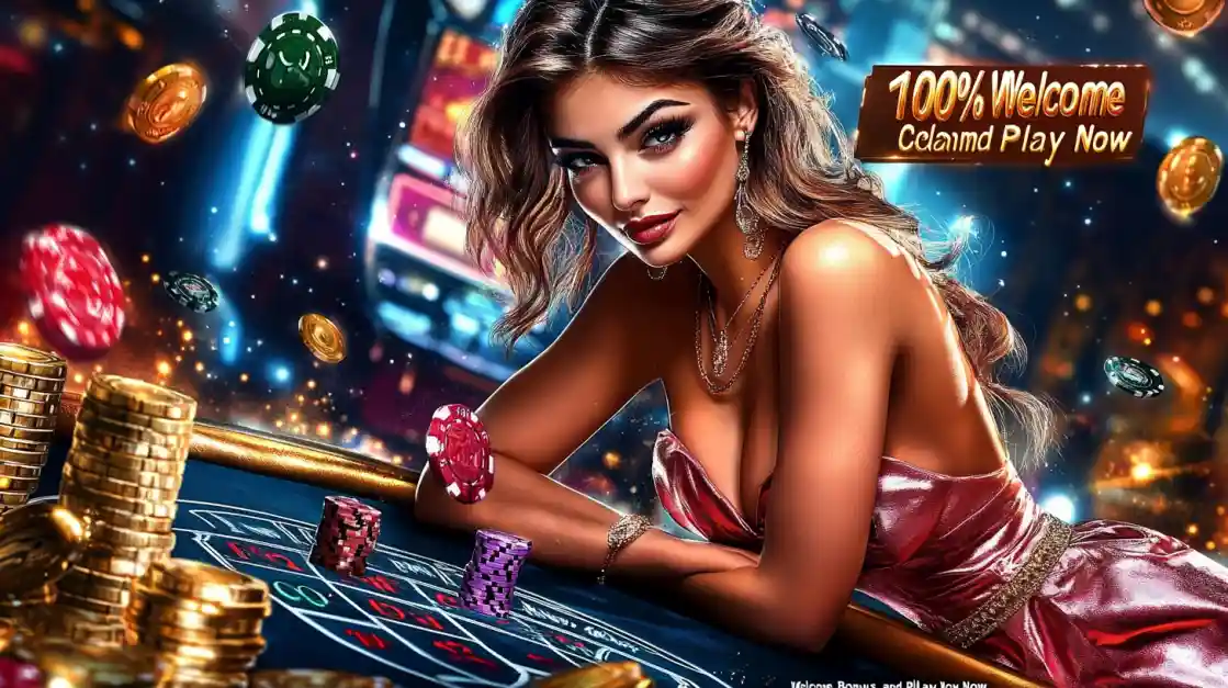 Glamorous woman leaning on a roulette table with chips and casino background. 