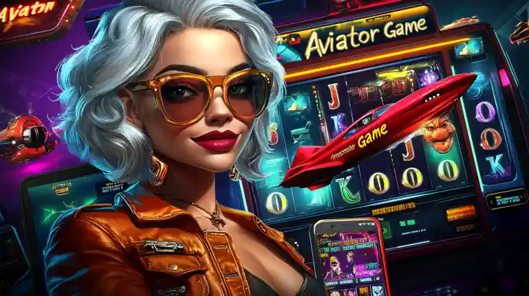 Animated woman with purple hair holding a weapon in front of slot machine with animal characters. 