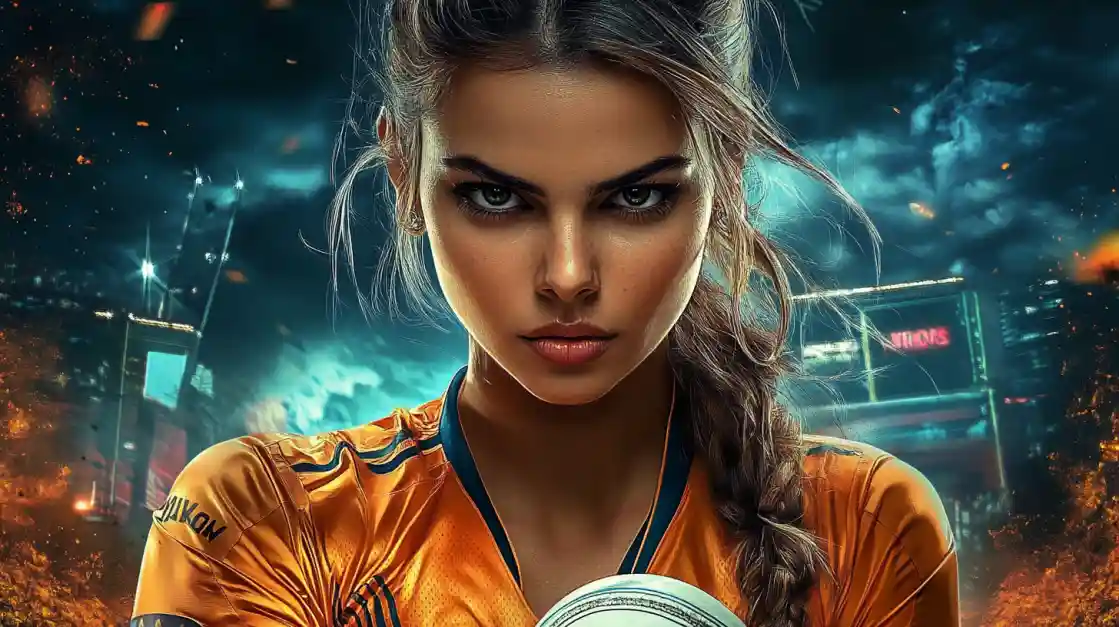 Focused young woman in orange cap with face paint holding baseball and smartphone in OKWW sports betting theme