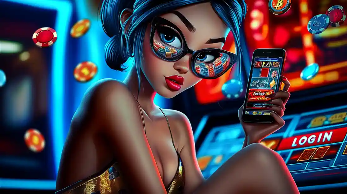Glamorous woman in white dress with golden glitter surrounded by flying poker chips at OKWW football casino stadium